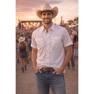 VTG Karman Pearl Snap Western Shirt Pink Shiny USA Mens M Cowboy Rodeo Retro